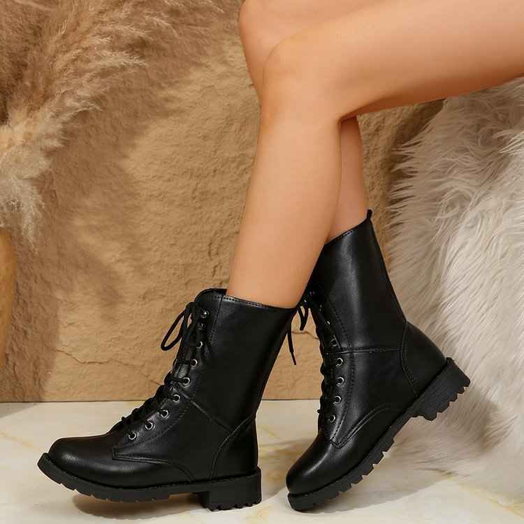Women's Plus Size Flat Bottomed Lace Up Martin Boots